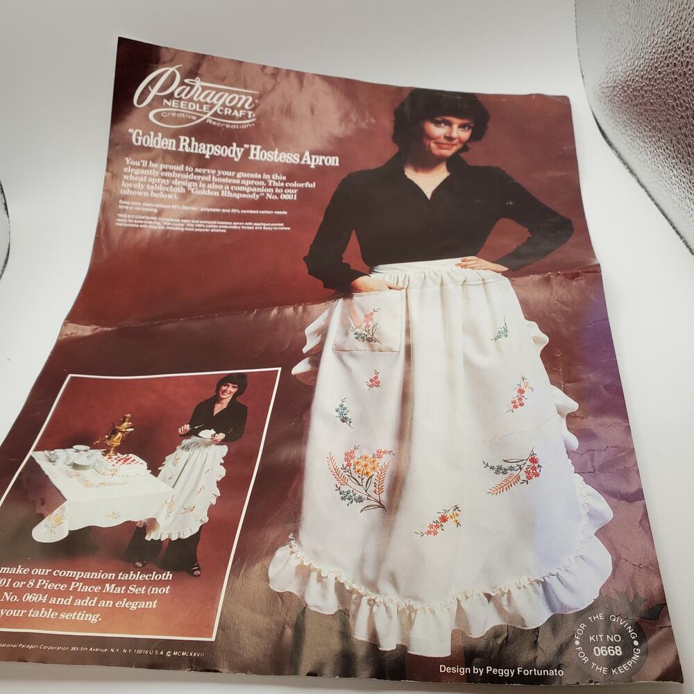 1977 Paragon Needlecraft Golden Rhapsody Hostess Apron kit No. 0668. NOS